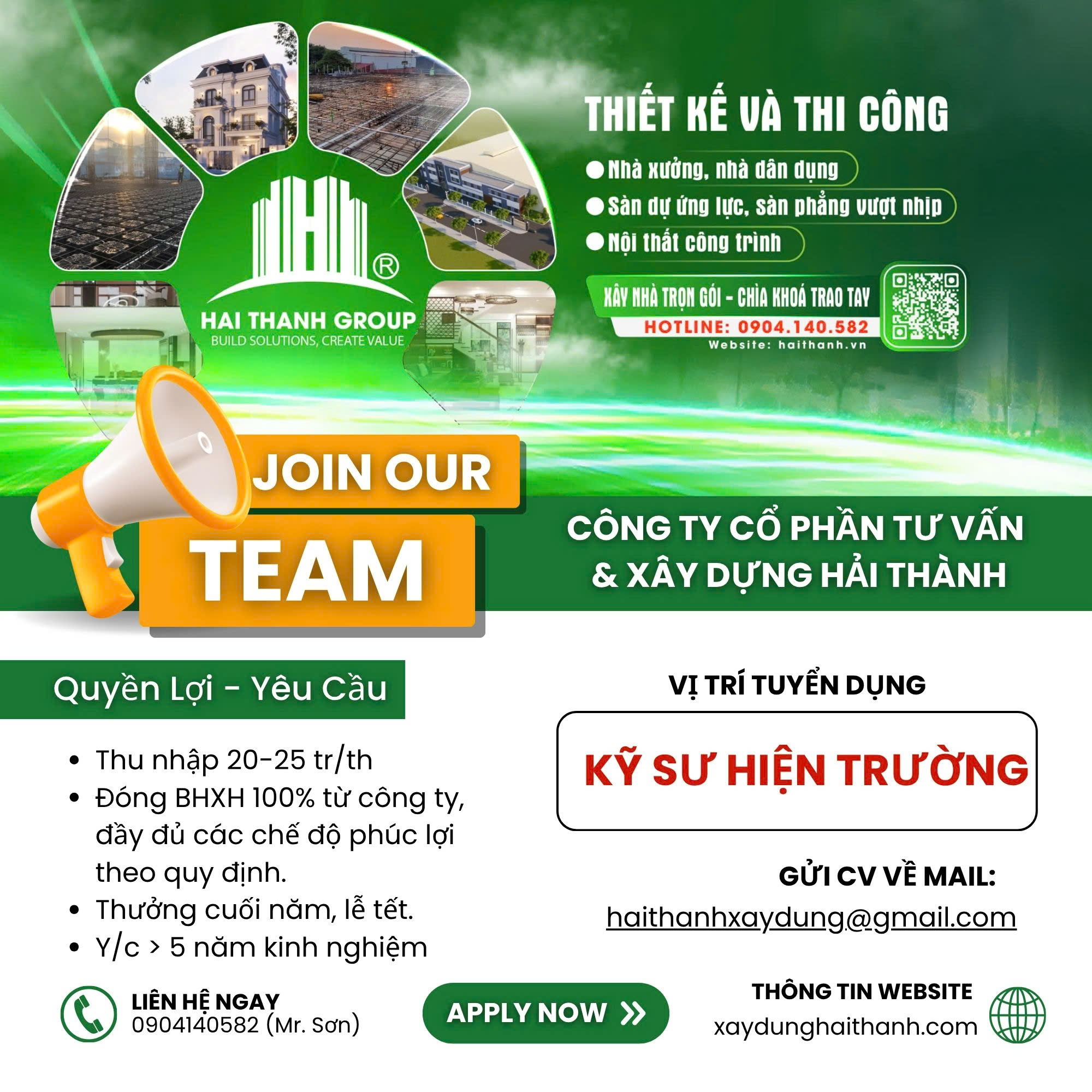 TUYỂN DỤNG KỸ SƯ HIỆN TRƯỜNG NHÀ DÂN DỤNG, NHÀ XƯỞNG